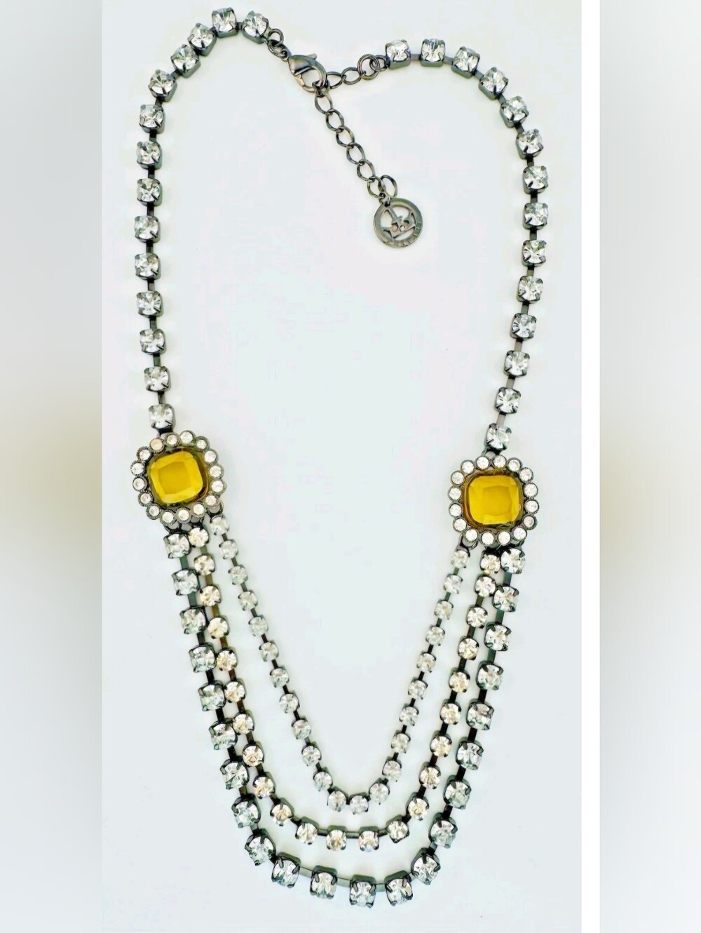 Vtg. Crown Trifari 3-strand Drape Necklace Rhinestones & Yellow Stones 19"